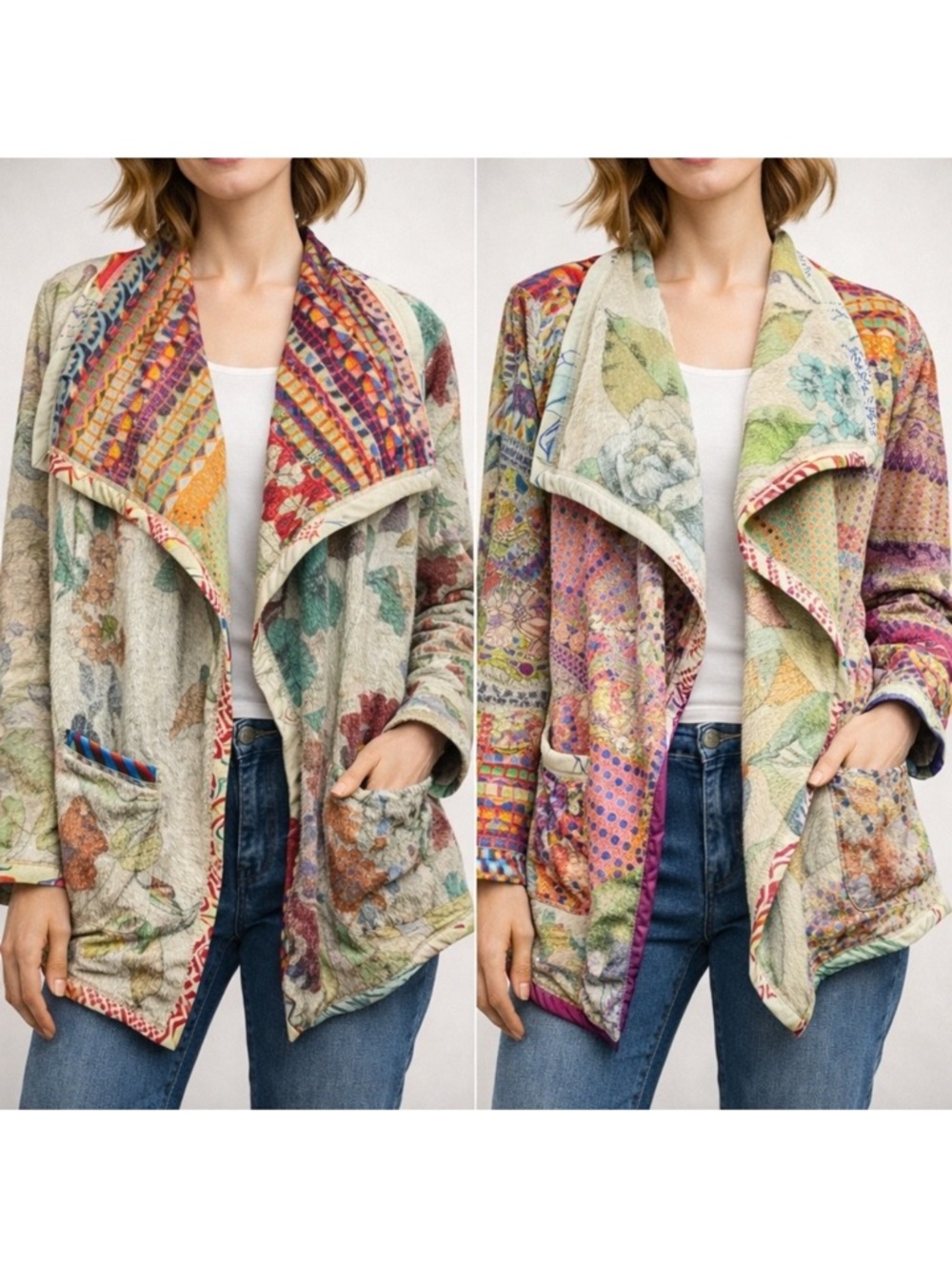 Johnny Was Reversible Sherpa Hooded Jacket Mosaic Multi Small EUC